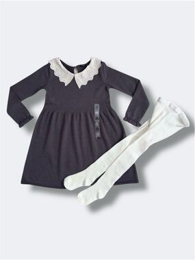 Kiabi Girls Dress & Tights Set Size 36M Gray Knit Scallop Collar Long Sleeve New